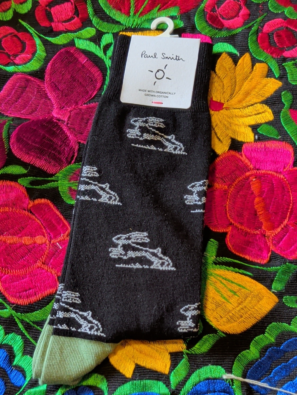 Paul Smith Black Socks with White Hare Pattern and Green Toe